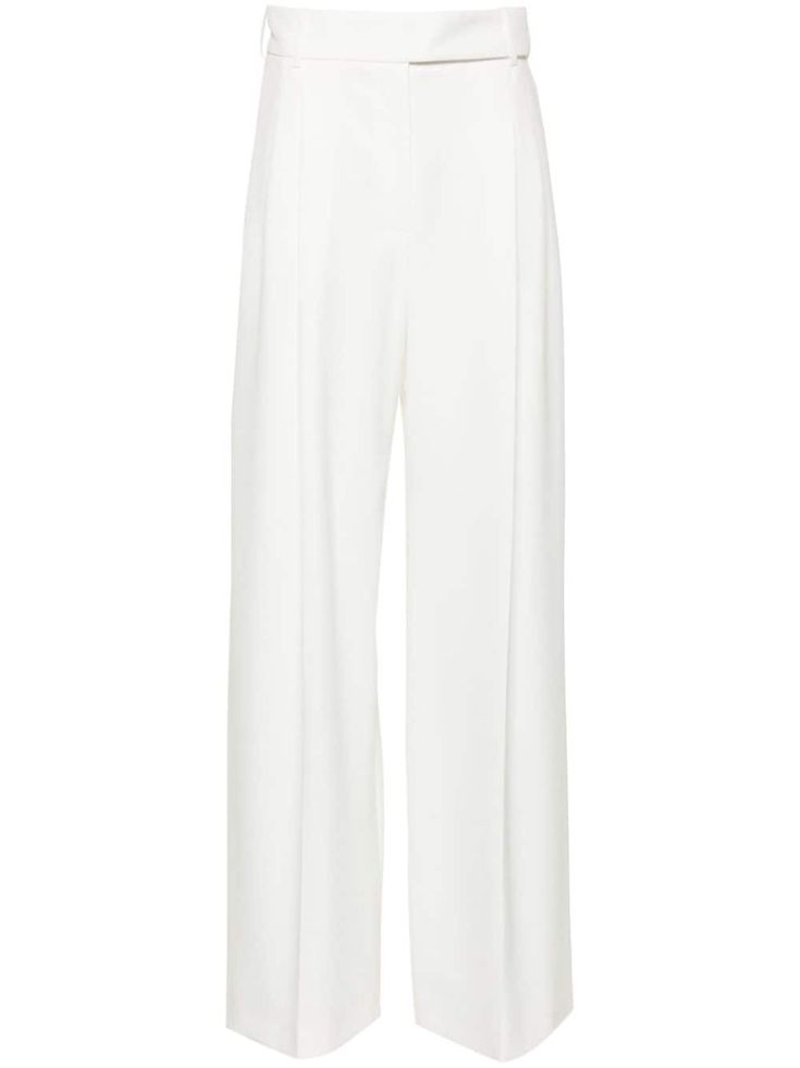 off-white stretch-design crepe texture dart detailing pressed crease high waist belt loops concealed front fastening two diagonal pockets to the sides palazzo design wide leg Formal Structured Bottoms With Pressed Crease, Spring Structured Formal Bottoms, Structured Bottoms For Formal Spring Occasions, Modern White Wide Leg Pants For Formal Wear, Modern White Wide Leg Pants For Formal Occasions, Modern White Formal Wide Leg Pants, Tailored White Wide Leg Pants, Modern Structured Bottoms For Formal Occasions, Modern Structured Formal Bottoms