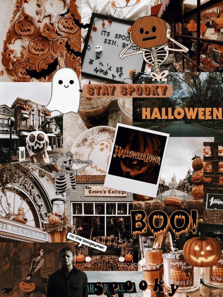 halloween collage with pumpkins, ghost and other things in the background that say stay spooky hallowen