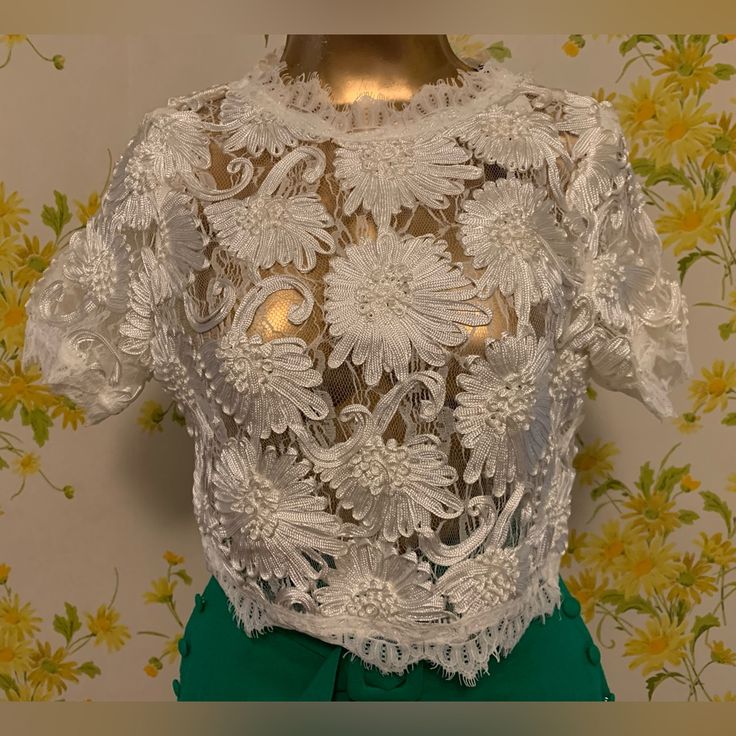 Nwt Never Worn Ina Mesh Crop Top With Floral Appliqu., Lace Top , Featuring Back Button, Eyelash Trim, Side Zipper Closure. Floral Apliques All Over, Sheer Crop Blouse With Floral Appliqus. 90% Polyester, 10% Nylon, Smoke Pets Free Environment, Fast Shipping, Stock Photo Only For Style Purpose. Color May Vary By Device Screen And Light. Elegant Short Sleeve Crop Top For Party, Elegant Short Sleeve Party Crop Top, White Short Sleeve Tops For Evening, Short Sleeve Lace Top For Evening In Summer, Summer Evening Short Sleeve Lace Top, White Lace Top For Spring Party, Evening Lace Top With Short Sleeves For Summer, White Short Sleeve Blouse For Party, White Short Sleeve Evening Blouse