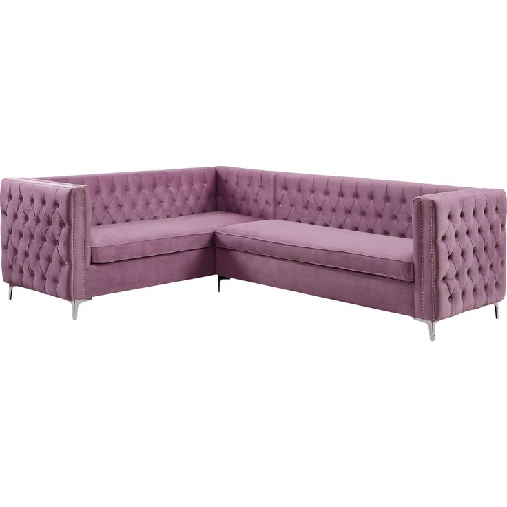 a purple sectional couch with chrome legs and buttons on the armrests is shown in front of a white background