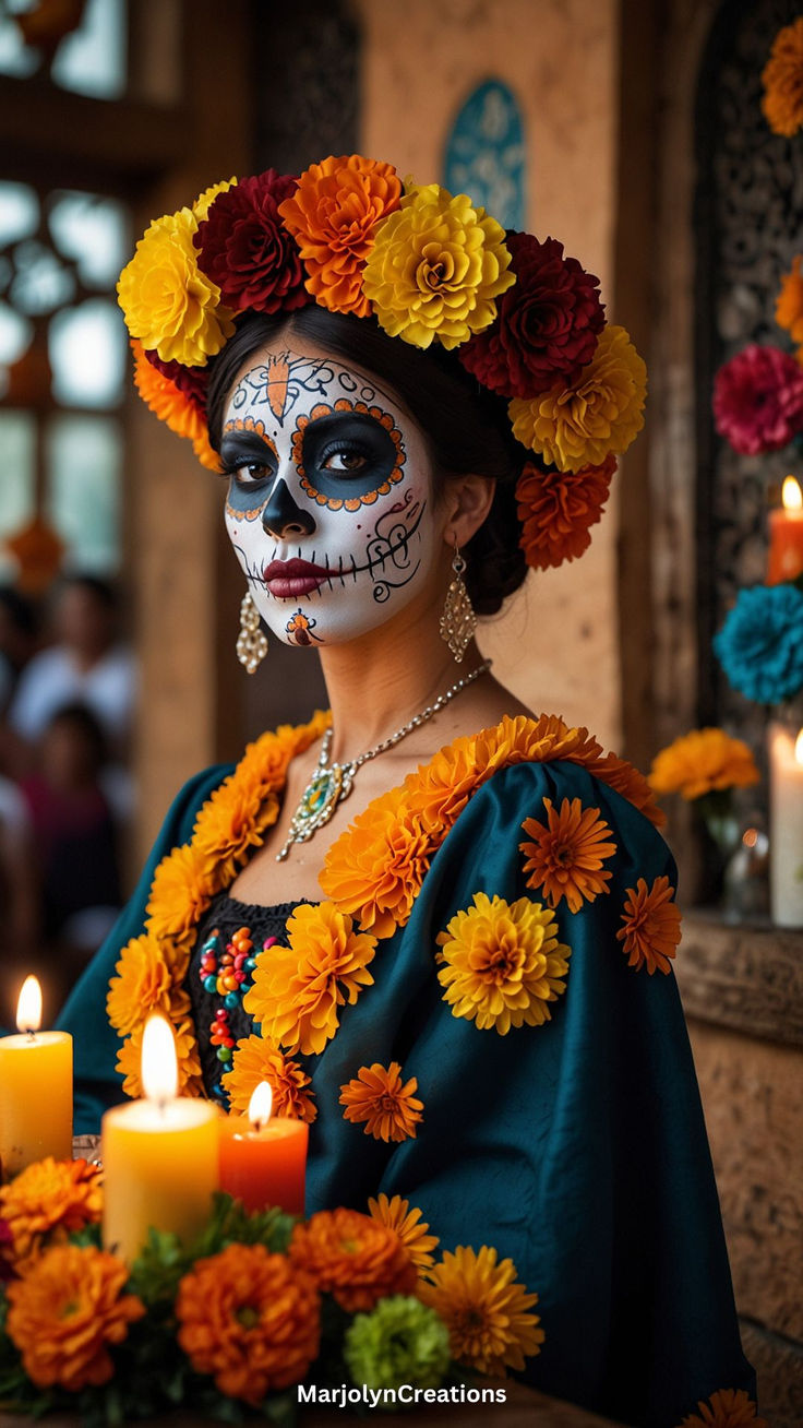 a woman in day of the dead makeup with flowers on her head and candles lit