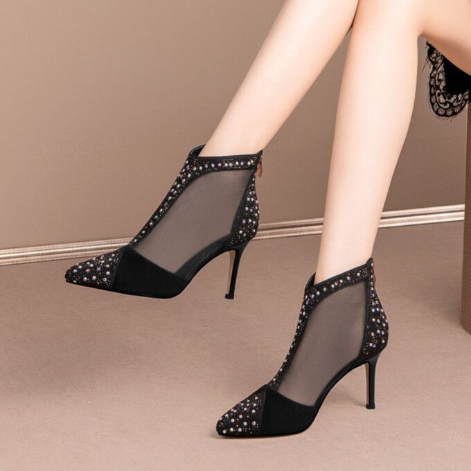 US$69.99 Black Low Heel Spring Heels, Party Heels With Medium Width, Ankle-high, Black Low Heel Heels For Spring, Party Heels Ankle-high Medium Width, Party Ankle-high Heels Medium Width, Party Heels With Medium Width And Ankle-high Shape, Elegant Ankle-high Heels For Party, Black Pointed Toe Evening Sandals, Black Low Heels With Reinforced Heel