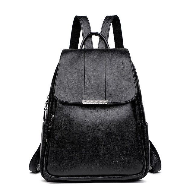 Vintage Leather School Bag Trendy Softback Backpack With Anti-theft Pocket, Trendy Black Leather Backpack, Black Anti-theft Backpack For On-the-go, Anti-theft Backpack Shoulder Bag For On-the-go, Rectangular Anti-theft Shoulder Bag For On-the-go, Black Satchel For Daily Use And Back To School, Trendy Anti-theft Leather Backpack For School, Anti-theft Shoulder Bag For On-the-go, Black Large Capacity Shoulder Bag For Back To School