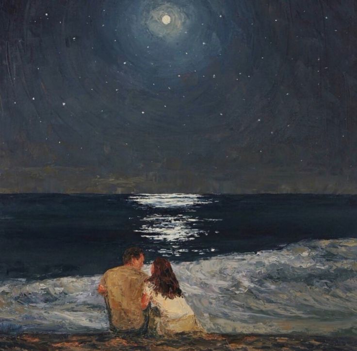 a painting of two people sitting on the beach at night