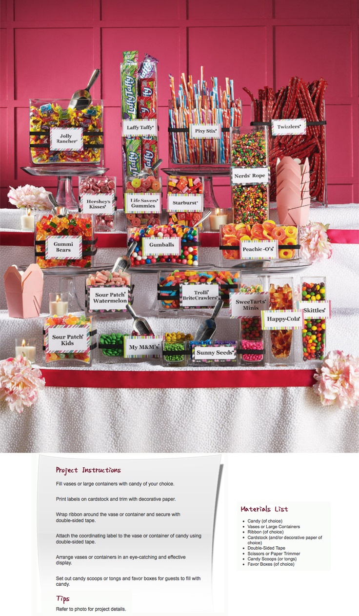 a table topped with lots of candy and candies next to a pink wall in the background