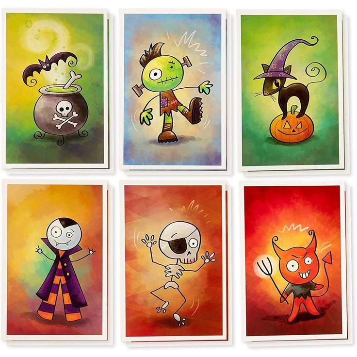 four halloween cards with cartoon characters on them