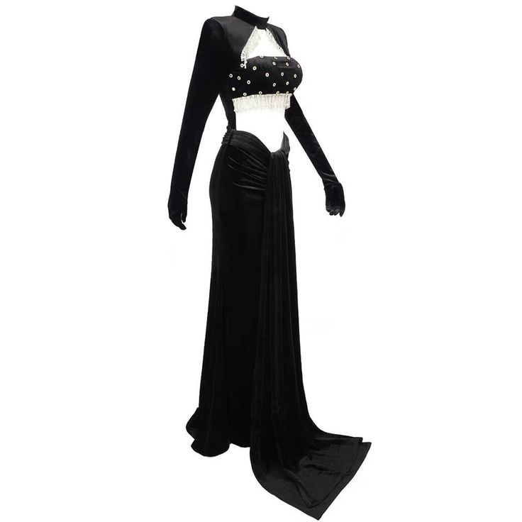 Introducing our handmade exquisite Crystal Velvet Formal Evening Gown, a masterpiece of elegance and style. This gown is designed for those who appreciate the finer things in life and want to make a statement at any formal occasion. With a regular sleeve style and waistline, the gown offers a comfortable and flattering fit for a range of body types. The high neckline adds a touch of sophistication, while the sweep train adds a graceful and dramatic flair as you move. Crafted from a luxurious blend of Velvet, Polyester, and Cotton, this gown ensures both comfort and quality. The woven fabric showcases the intricate craftsmanship that goes into creating this stunning piece. Its full-length silhouette and ball gown style create an aura of grandeur, perfect for a memorable entrance. The gown f Gothic Gown With Fitted Bodice For Party, Party Gown With Fitted Bodice And Long Train, Fitted Evening Gown With Sweep Train, Fitted Gown With Sweep Train For Evening, Black Floor-length Party Gown, Fitted Gothic Black Evening Dress, Fitted Black Gothic Evening Dress, Gothic Fitted Prom Gown, Gothic Black Fitted Evening Dress