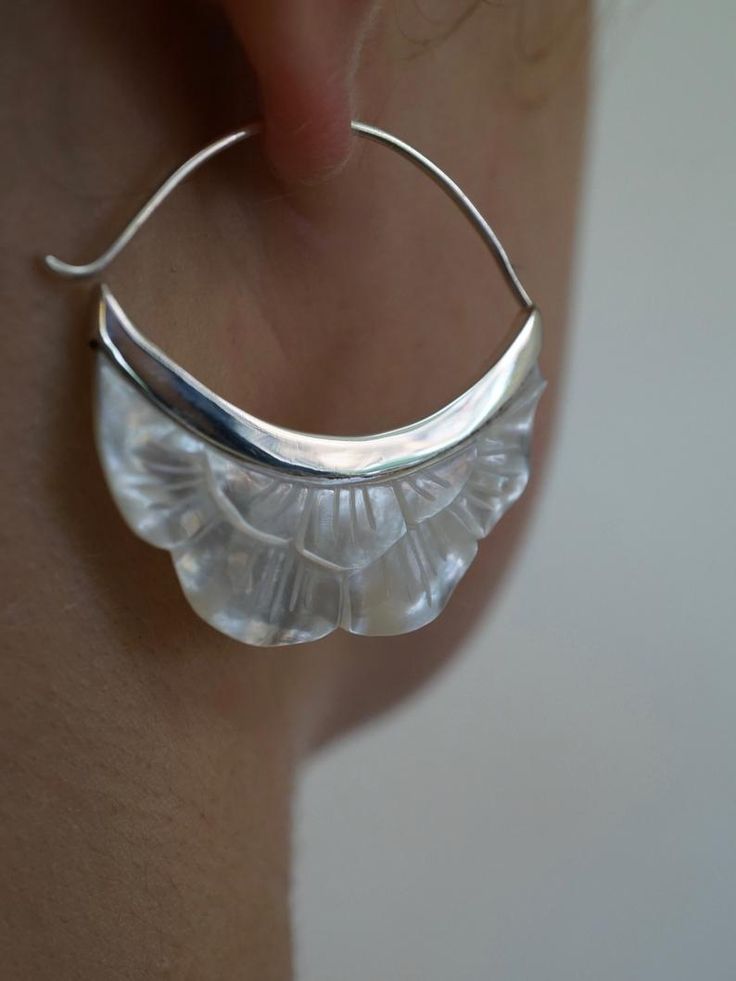 Crescent Moon Flower Hoop Earrings Mother of pearl with | Etsy Elegant Carved Round Earrings, Elegant Round Carved Earrings, Unique Crescent Shaped White Jewelry, Unique White Crescent Jewelry, Elegant Silver Carved Earrings, Elegant White Crescent Earrings, Silver Mother Of Pearl Round Pearl Earrings, Nickel-free Round Mother Of Pearl Jewelry, Pierced Round Mother Of Pearl Jewelry