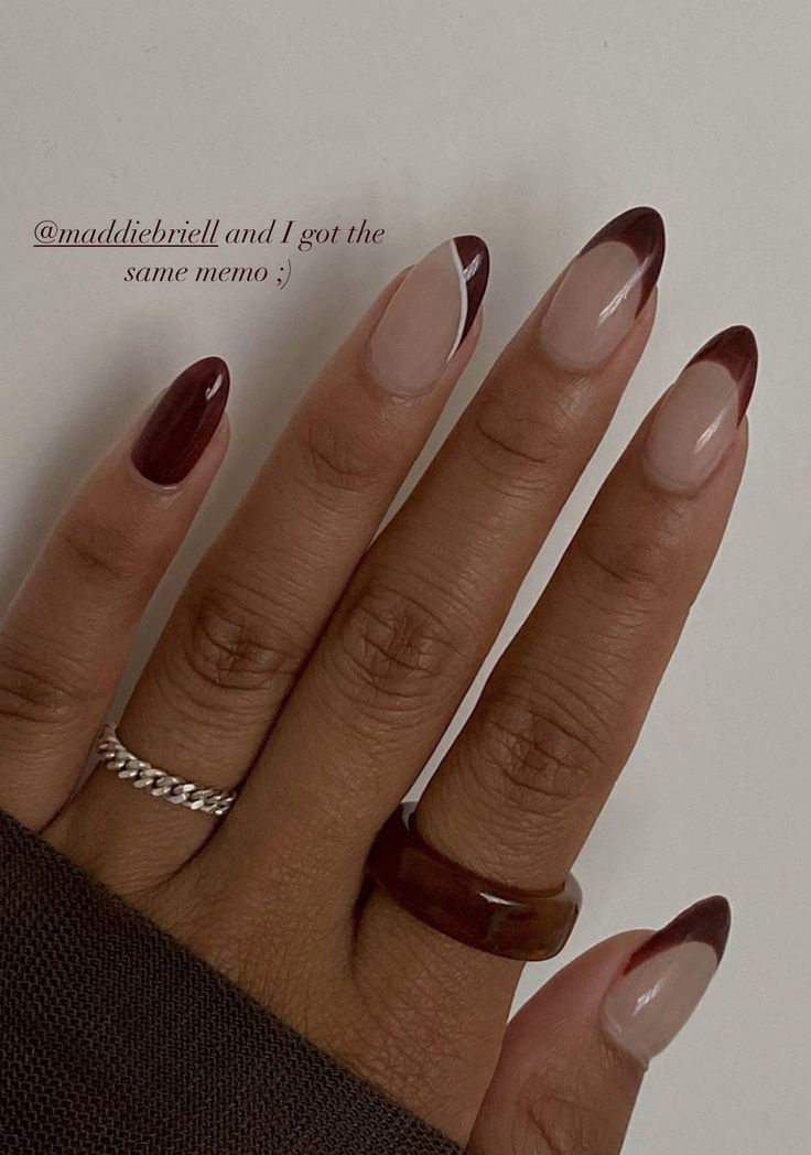 Nail Inspo Coffin Brown, Maroon Red French Tip Nails, Uneven French Nails, Oxblood French Tip Nails, Fall Inspo Nails Almond Shape, French Maroon Nails, Fall Nails Burgundy French Tip, Fall Nails Almond French Tip, Different Coloured French Tips