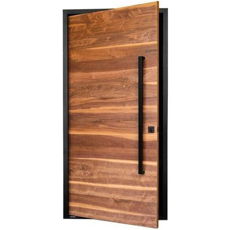 a wooden door with black metal handles on the front and side panels, against a white background