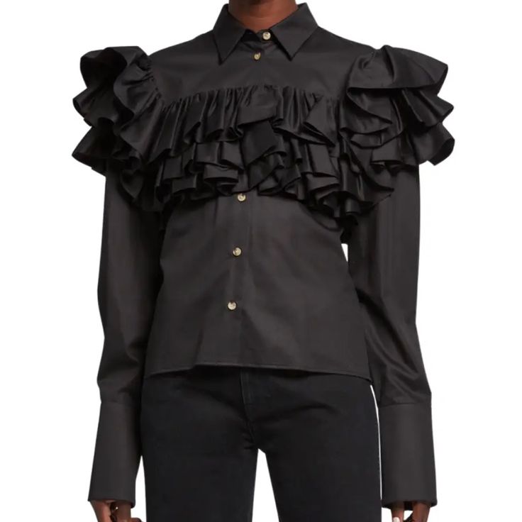 Khaite Virginie Ruffle-Tiered Yoke Shirt Black Cotton Virginie Ruffled Shirt From Khaite Featuring A Pointed Collar, A Front Button Fastening, A Ruffle Trimming, Long Sleeves And Fitted Cuffs. Size: Xs Color: Black Condition: Nwot, Excellent Condition Luxury Ruffles Blouse For Work, Luxury Ruffled Blouse For Work, Luxury Long Sleeve Top With Ruffles, Fitted Ruffle Shirt Elegant Style, Chic Ruffled Shirt For Fall, Chic Shirt With Ruffled Collar And Ruffles, Chic Shirt With Ruffled Collar And Details, Chic Fitted Shirt With Ruffled Collar, Elegant Ruffled Shirt For Party