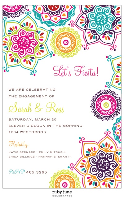 an ornate wedding card with the words let's fiesta written in pink, yellow and blue