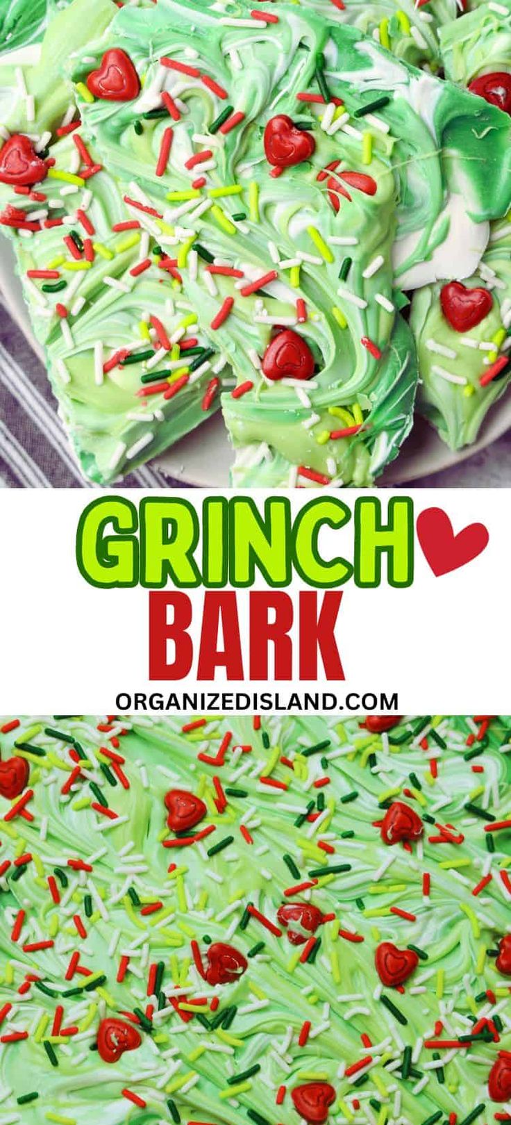 grino bark cake with green frosting and red candies on top, next to the