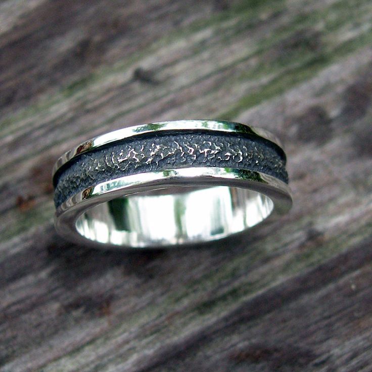 "This is a very handsome ring that you will be proud to wear! There are no solder seams in this ring because it is first carved in wax, and then cast. The oxidized area is slightly concave, giving dimension to the ring. The width is 6mm, or 1/4\", the thickness is about 2mm. Made to order." Rustic Wedding Bands, Gold Chains For Men, Hammered Rings, Simple Ring, Ring Ideas, Gold Chain Jewelry, Wedding Rings Unique, Men's Jewelry Rings, Men's Ring