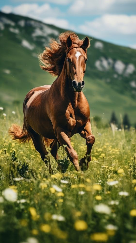 a brown horse running through a field of grass and wildflowers with mountains in the background