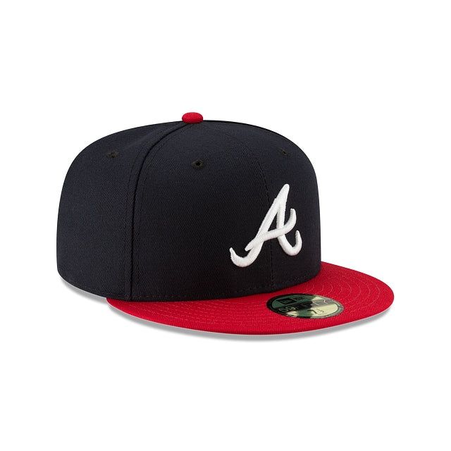 Wear what the players wear! The Atlanta Braves Authentic Collection Home 59FIFTY Fitted cap features a team color fabrication with an embroidered Braves logo on the front and an embroidered MLB Batterman on the back. Contrasting the cap is a red visor. Throwback Snapback Fitted Hat For Baseball Season, Baseball Season Fitted Hat With Letter Patch, Throwback Baseball Cap For Baseball Season, Throwback Snapback Fitted Hat For Game Day, Throwback Fitted Hat With Flat Brim For Fan Gear, Flat Brim Fitted Hat For Baseball Season, Throwback Flat Brim Fitted Hat For Fan Gear, Throwback Flat Brim Fitted Hat For Fans, Baseball Season Fan Merchandise Fitted Hat