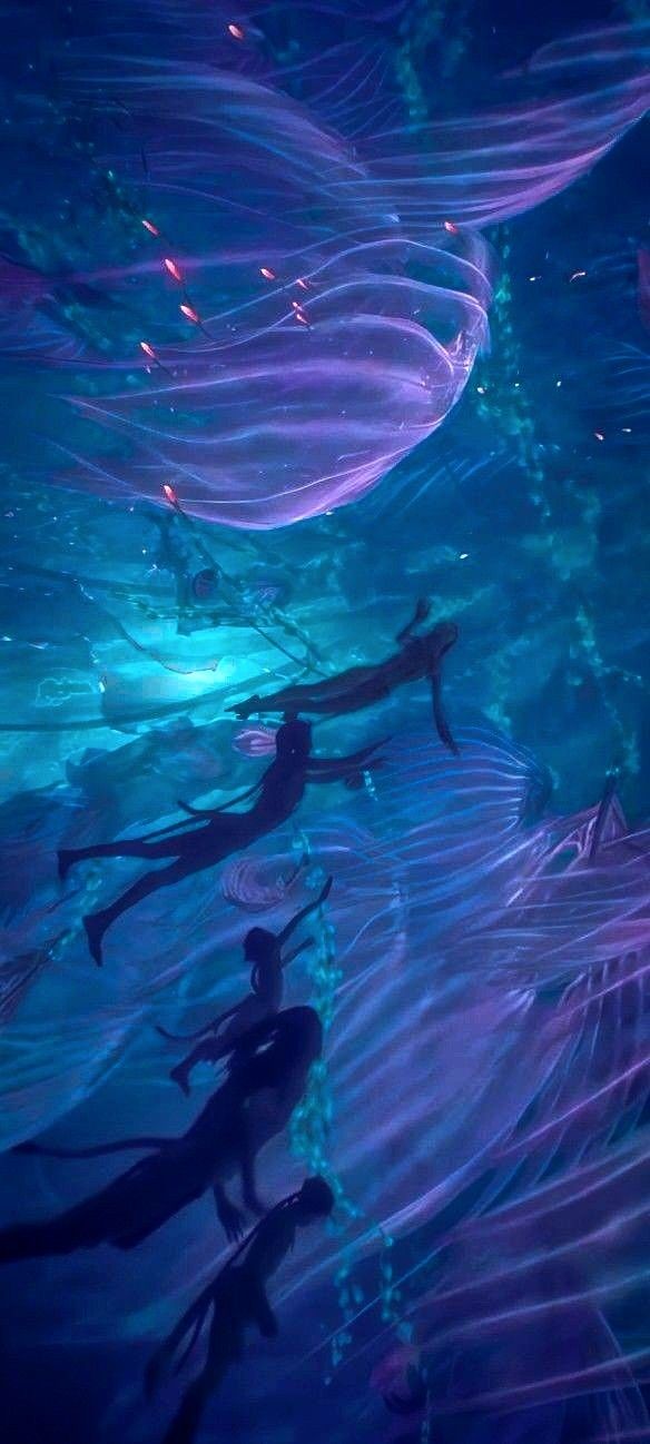 In the oceans of Pandora from avatar; the way of water, Jake Sully and his family's silhouettes are pictured swimming among bioluminescent sea creatures. Avatar Wallpaper Iphone, Banshee Wallpaper, Avatar Banshee, Water Wallpapers, Avatar Quotes, Avatar Wallpaper, Avatar Poster, Avatar Pandora, Avatar The Way Of Water