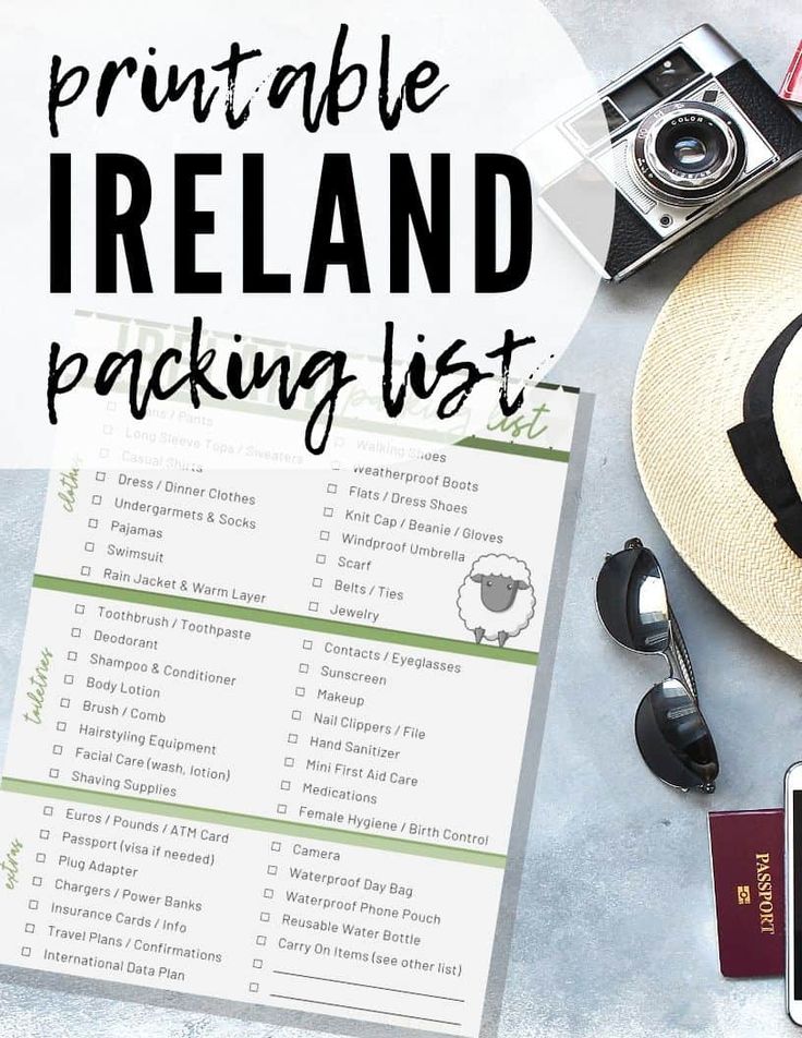 an image of a travel packing list with the words printable ireland in black and white