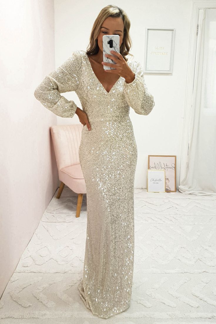 Colour: Champagne Fully lined Sequin fabric Fabric is stretchy Length: 155cm Sleeve length: 61cm 100% Polymide lining: 100% Polyester Care: Hand wash only Model is wearing size 8 Model is 5'3 height + wearing 10cm heels Champagne Sequin Dress, Oh Hello Clothing, Glittery Dress, Sparkly Wedding Dress, Long Sleeve Sequin Dress, Wedding Dress Guide, Sleeve Gown, Long Sleeve Gown, Sequin Maxi Dress