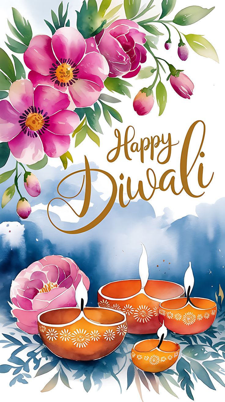 happy diwali greeting card with pink flowers and candles on blue watercolor background