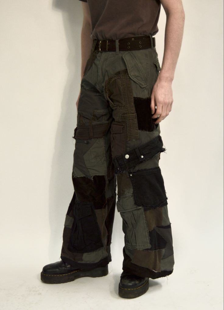 designed and made by kai powell #fashion #trousers #grunge #outfit Grunge Trousers, Mens Grunge, Grunge Pants, Navy Converse, Patchwork Trousers, Hardcore Style, Harness Fashion, Work Trousers, Complete Outfits