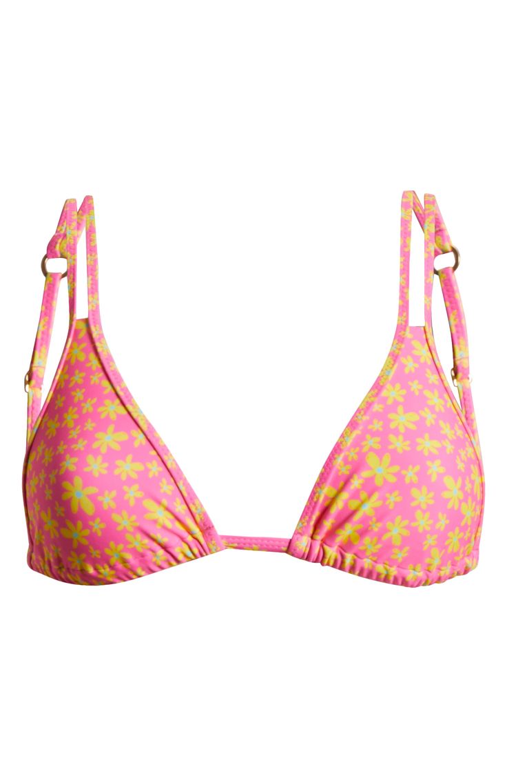 Doubled halter straps provide extra support in this vacay-ready bikini top with slidable triangle cups and a tropical print. Ties at neck and back Lined 80% polyester, 20% elastane Machine wash, line dry Imported Tropical Print Triangle Halter Top For Beachwear, Tropical Triangle Halter Top For Swimming, Tropical Triangle Halter Top For Sunbathing, Tropical Print Triangle Halter Top For Poolside, Triangle Halter Top With Tropical Print For Poolside, Tropical Triangle Halter Top For Vacation, Poolside Triangle Halter Top With Tropical Print, Poolside Tropical Print Triangle Halter Top, Tropical Triangle Halter Top With Adjustable Straps