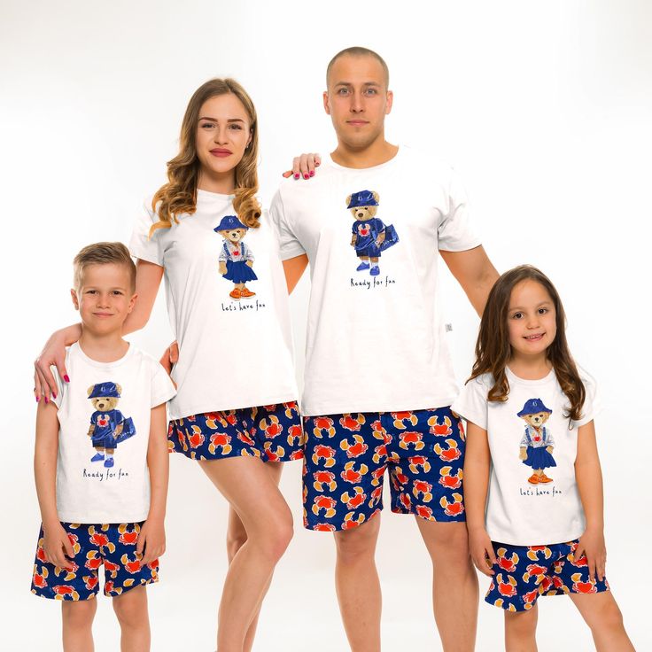 Feel fresh and trendy with our matching Family Pajamas, our bright and funny crabs printed pyjama set that has been magnificently made in house here in or factory! Our soft cotton pyjamas are made with outstanding combed cotton making them super soft and sustainable! With fresh design and colors every father and son will feel great at home this summer :) ♥ The price is per set ♥  (One set consists of 1 blouse and 1 pair of short pants) ♥ Short sleeve top and elasticated waist shorts ♥ ♥ Material Cartoon Print Cotton Sleepwear For Summer, Casual Cartoon Print Cotton Sleepwear, Casual Cotton Sleepwear With Cartoon Print, Cotton Character Print Sleepwear For Pajama Party, Cotton Sleepwear With Character Print For Pajama Party, Cotton Sleepwear With Character Print For Loungewear, Fun Cotton Loungewear Set, Family Matching Cartoon Print Sleepwear, Casual Printed Pajama Shorts For Pajama Party