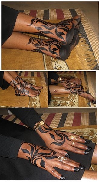 three pictures of hands and feet with tattoos on them