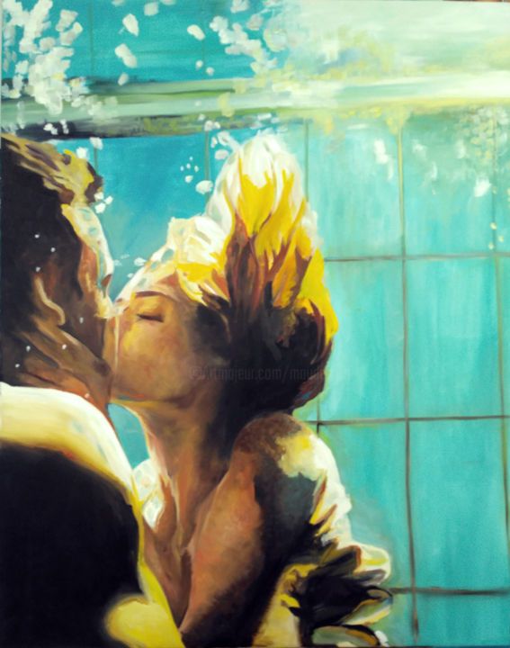 a painting of two people kissing under water