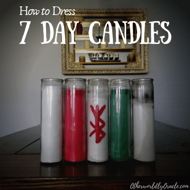 candles with the words how to dress 7 day candles in red, white and green