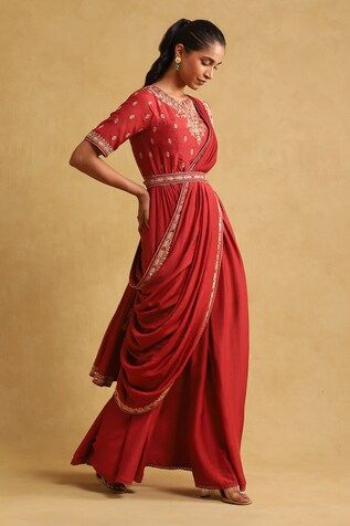 Red saree dress featuring thread embroidery with sequin embellishments. Comes with matching dupatta and belt. - Aza Fashions Traditional Red Draped Dresses, Designer Traditional Drape Dresses For Diwali, Evening Gown With Traditional Drape For Festivals, Draped Dress With Zari Work For Reception, Red Dress With Pallu And Traditional Drape, Draped Dresses With Zari Work For Wedding, Designer Traditional Drape Dress For Festivals, Traditional Drape Dress With Dupatta For Reception, Bollywood Style Evening Dress With Pallu