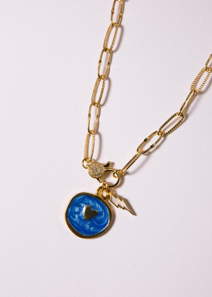 Electra Blue Adjustable Gold-plated Chain Necklace, Blue Adjustable Gold Plated Chain Necklace, Blue Gold-plated Chain Necklace With Adjustable Chain, Blue Cable Chain Necklace As Gift, Blue Jewelry With Paperclip Chain As Gift, Blue Jewelry With Paperclip Chain For Gift, Blue Gold-plated Charm Necklace With Adjustable Chain, Blue Heart Charm Pendant Necklaces, Logan Tay