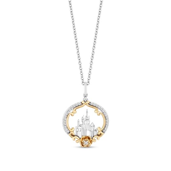 Perfect your favorite fairytale looks when you wear this diamond castle pendant from the Enchanted Disney Fine Jewelry Collection inspired by Belle. Crafted in sterling silver A detailed castle inside the open center creates a charming look. Scrolling 14K gold ribbons and a gold diamond-touched rose shine inside the silver diamond-lined border. Captivating with 1/6 ct. t.w. of diamonds This pendant suspends along a 16.0-inch cable chain with 2.0-inch extender that secures with a spring-ring clas Cinderella Jewelry, Disney Princess Jewelry, Disney Necklace, Enchanted Disney, Enchanted Disney Fine Jewelry, Disney Belle, Disney Fine Jewelry, Princess Jewelry, Belle Disney