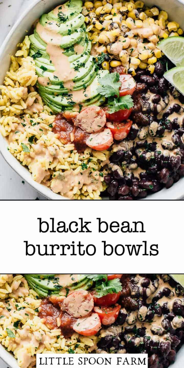 black bean burrito bowls with corn and avocado garnish in them