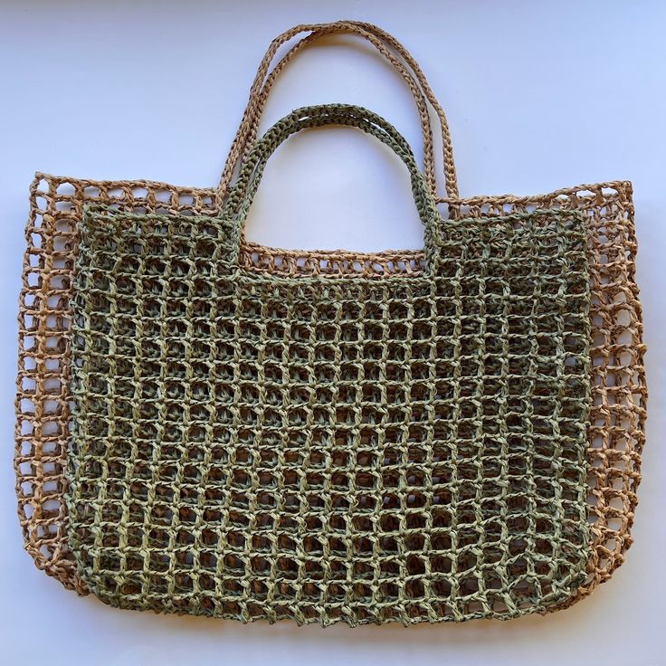 Green Crochet Beach Bag For Vacation, Green Crochet Beach Bag, Khaki Rectangular Beach Bag For Daily Use, Lightweight Beige Crochet Bag Rectangular, Lightweight Crochet Bag For Daily Use, Handwoven Green Crochet Beach Bag, Lightweight Rectangular Crochet Bag For Daily Use, Green Woven Crochet Bag For Beach Season, Green Jute Bag For Vacation