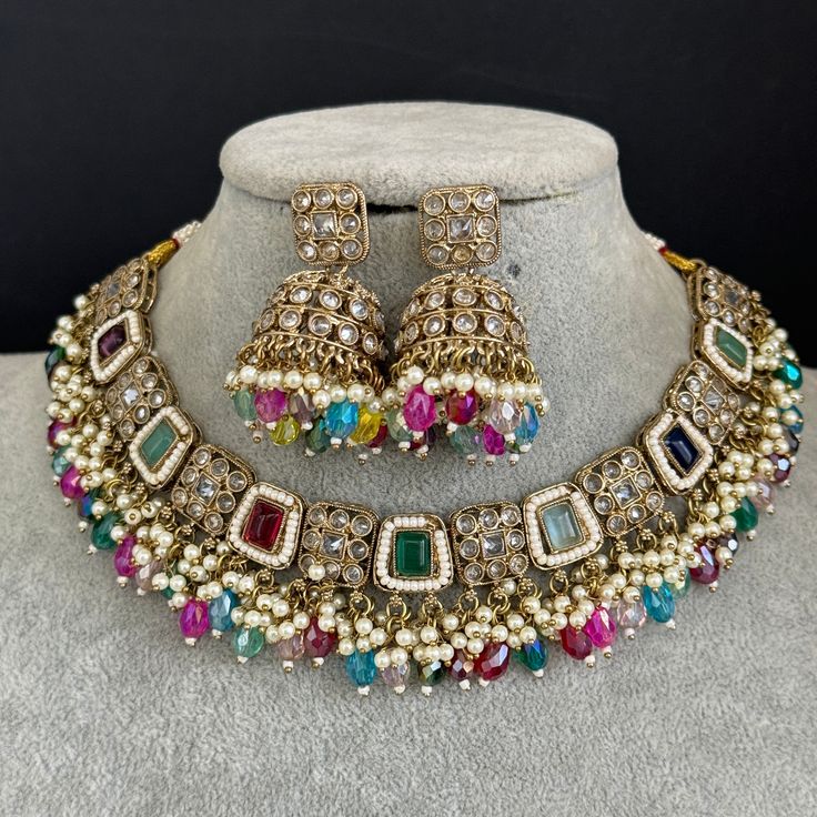 Multi Antique Polki Kundan Pearl Necklace with earrings and tikka, bridal necklace, Indian Punjabi Pakistani Wedding Jewelry Ships in 1 day from California and delivery in 2-5 business days in the USA Color, shades, texture displayed may slightly vary from the actual product due to digital image limitations. We request you to consider these minor variations. Please expect the possibility of some slight imperfections when buying handmade jewelry.  Please let me know if you have any questions. Arr Pakistani Wedding Jewelry, Bridal Necklace Indian, Fancy Jewellery Designs, Necklace Indian, Fancy Jewellery, Pakistani Wedding, Gold Jewellery Design, Buy Handmade, Jewellery Design