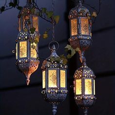 three hanging lanterns are lit up in the dark, with ivy growing on top and below them