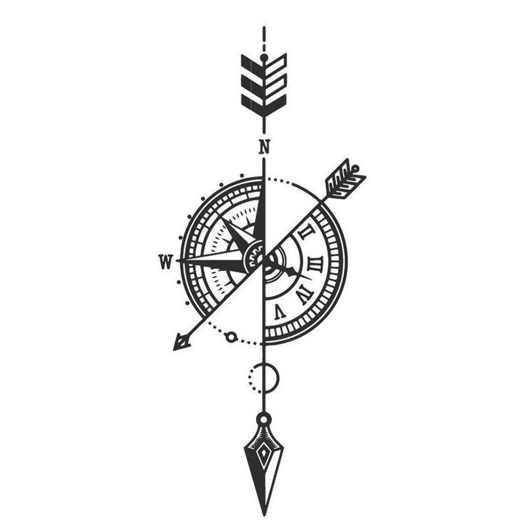 a black and white drawing of a compass with an arrow pointing to the left side