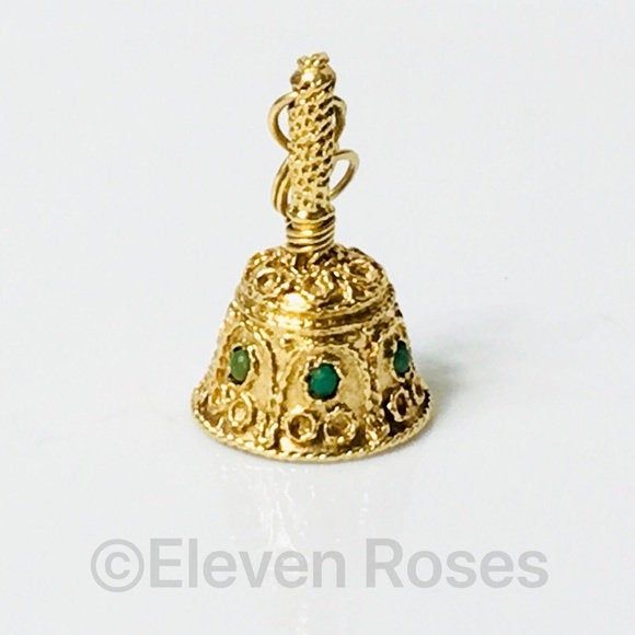 Mechanical Pearl Bell Pendant Charm 585 14k Yellow Gold Green Cabochon Stones Measures Approx 26mm Tall X 16.5mm Wide Weighs Approx 6.5 Grams Very Good Condition Light Wear (Missing two Green cabochons) **Many Other Charms Also Currently Available Listing Images Are Of The Actual Item Being Offered Free USPS Priority Mail Shipping Within The United States Gold Domed Gemstone Jewelry, Traditional Gold Jewelry With Cabochon, Fine Gold Jewelry For Ceremonial Occasions, Antique Hallmarked Domed Jewelry, Traditional Polished Yellow Gold Jewelry, Traditional Yellow Gold Jewelry With Polished Finish, Hallmarked 14k Gold Jewelry For Celebration, Ceremonial Hallmarked Yellow Gold Jewelry, Ceremonial Yellow Gold Hallmarked Jewelry