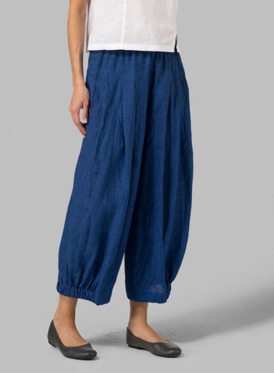 Linen Crumple Effect Harem Pants (Long) Spring Wide Leg Trousers With Pleated Waist, Pleated Wide-leg Pants For Summer, Relaxed Fit Bottoms With Pleated Waist And Wide Leg, Relaxed Fit Wide Leg Bottoms With Pleated Waist, Wide Leg Pleated Waist Pants For Summer, Wide Leg Pants With Pleated Waist For Summer, Summer Wide-leg Pants With Pleated Waist, Wide Leg Bottoms With Folds, Spring Accordion Pleated Pants