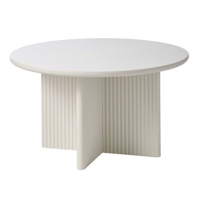 a white round table with vertical lines on the top and bottom, against a white background