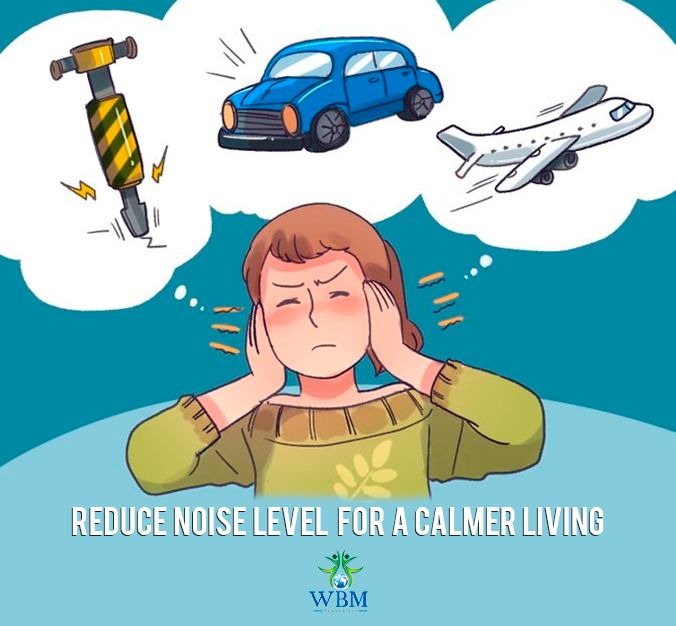 a woman with her head in her hands and an airplane above her head that says reduce noise level for a calmer living