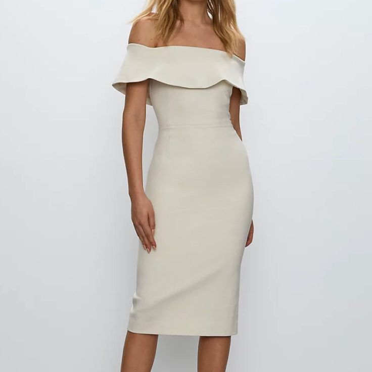 Color Is Listed As Bone, Nwt Condition Aritzia Beige Evening Dress With Straight Neckline, Beige Evening Dresses With Straight Neckline, Chic Off-shoulder Beige Dress, Chic Beige Off-shoulder Dress, Elegant Midi Dress With Ruffles And Straight Neckline, Elegant Mini Dress With Straight Neckline In Cream, Elegant Cream Mini Dress With Straight Neckline, Elegant Beige Midi Dress For Brunch, Beige Off-shoulder Cocktail Dress