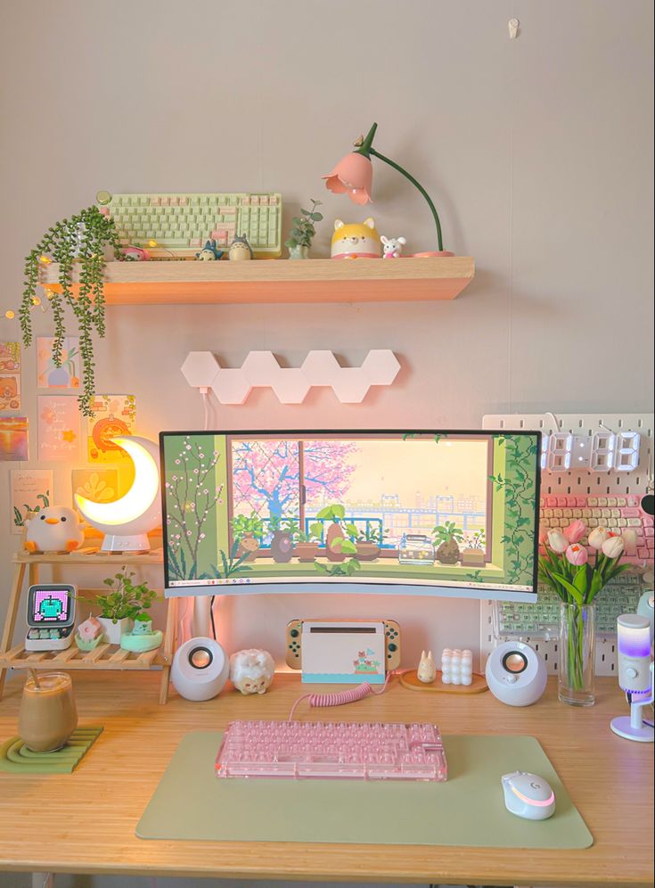 a desktop computer sitting on top of a wooden desk