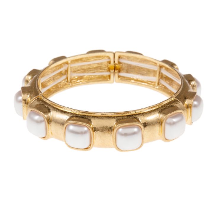 **"Square Dome Pearl Bangle Bracelet"** - Faux Pearl Accents - Metal Details - Stretchable Bangle Design Pearl Bangle Bracelet, Bangle Design, Station Bracelet, Pearl Bangle, Gold Bracelets, Bangle Designs, Cream And Gold, Bangle Bracelet, Womens Jewelry Bracelets