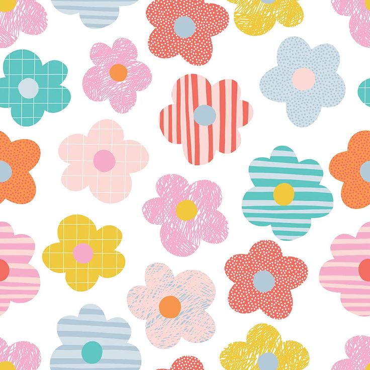 an image of colorful flowers with stripes and dots on white background, seamless pattern