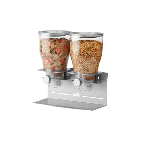 two glass containers filled with cereal on top of a metal shelf next to each other