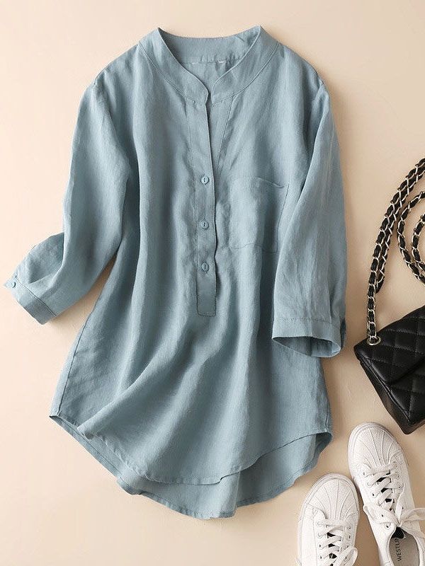 Women's Cotton Linen Shirt Stand Collar Front Pocket Mid Sleeve Ladies Linen Blouse Top