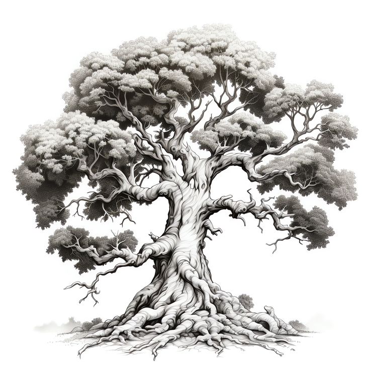 a black and white drawing of a tree