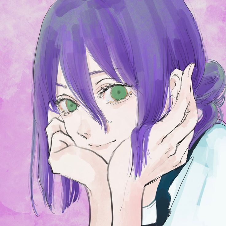 a girl with purple hair and green eyes is holding her hand to her face while looking at the camera